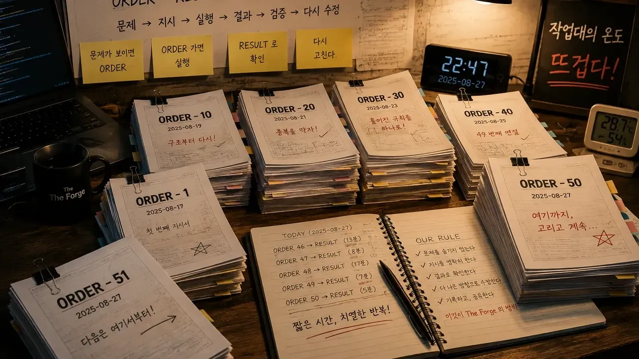 ORDER와 RESULT 지시서가 쌓인 The Forge 작업대